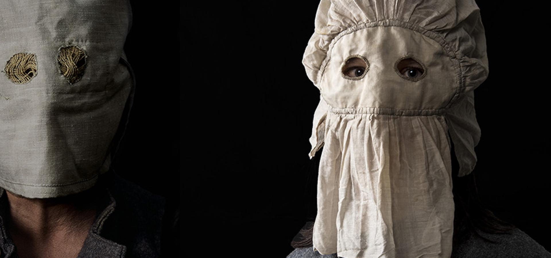 Kvinna med ansiktsmask för fångar. Foto Sveriges Fängelsemuseum.