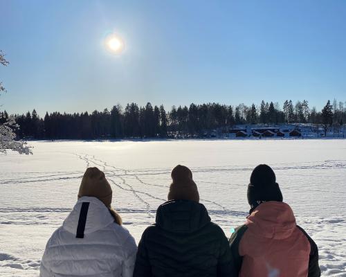 Tre personer sitter och tittar ut över sjön i vintersolen