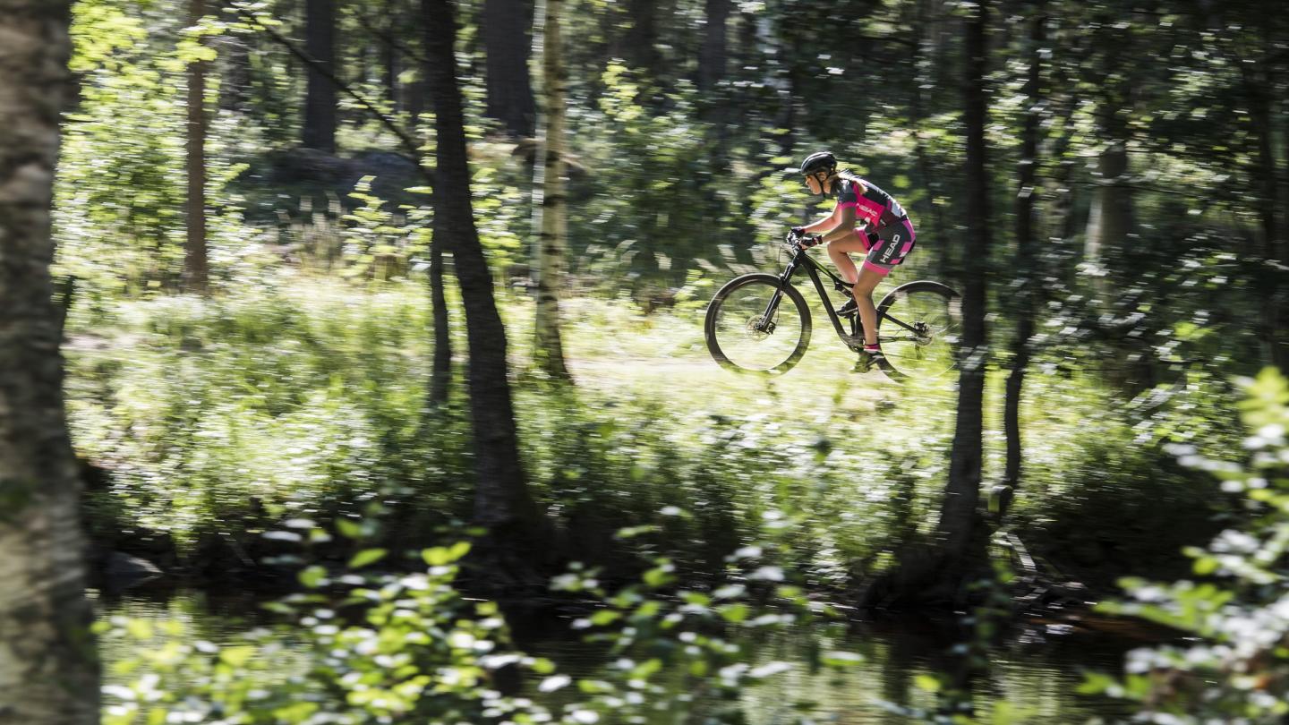 Cykling på Mountainbike genom skogen. Foto Daniel Bernstål.