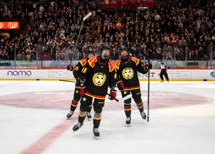 Glada hockeyspelare på is