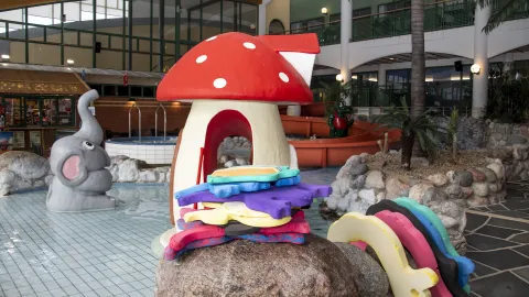 Inomhusbad med leksaker och en stor svamp av plast