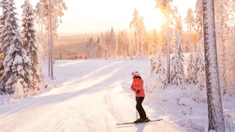En person vilar sig i skidbacken en fin vinterdag