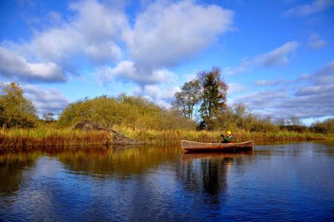Kanot glider fram över stilla vatten en fin höstdag med blå himmel