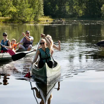 Kvinna vilar mot ett träd i skogen
