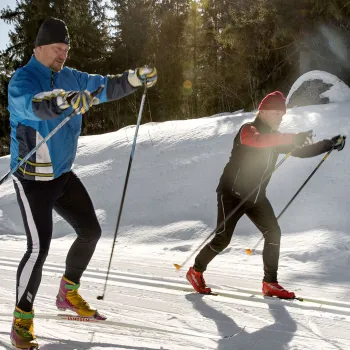 Två skidåkare i längdspåret en fin vinterdag