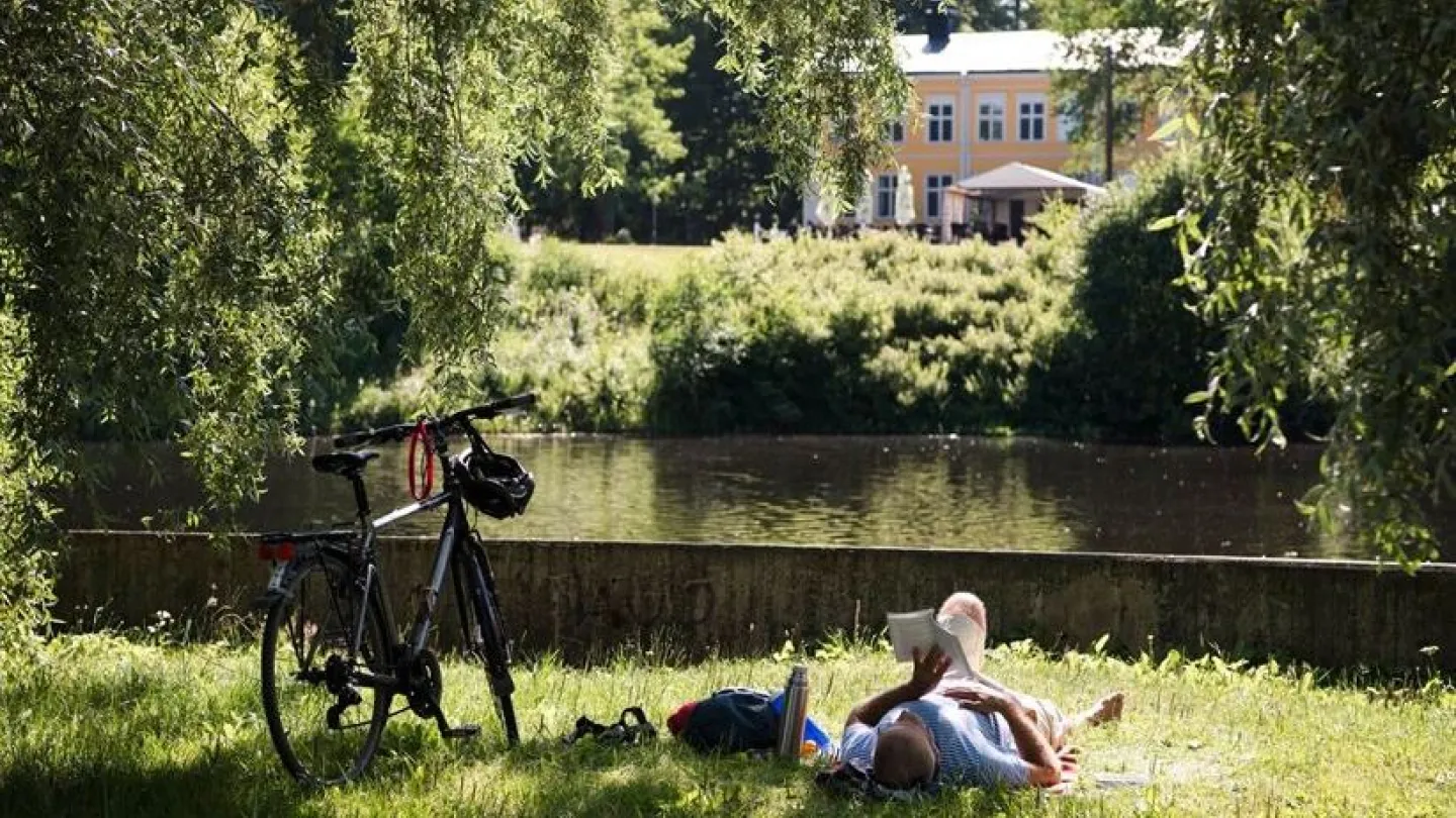Man som vilar i gräset och läser en bok vid vattnet
